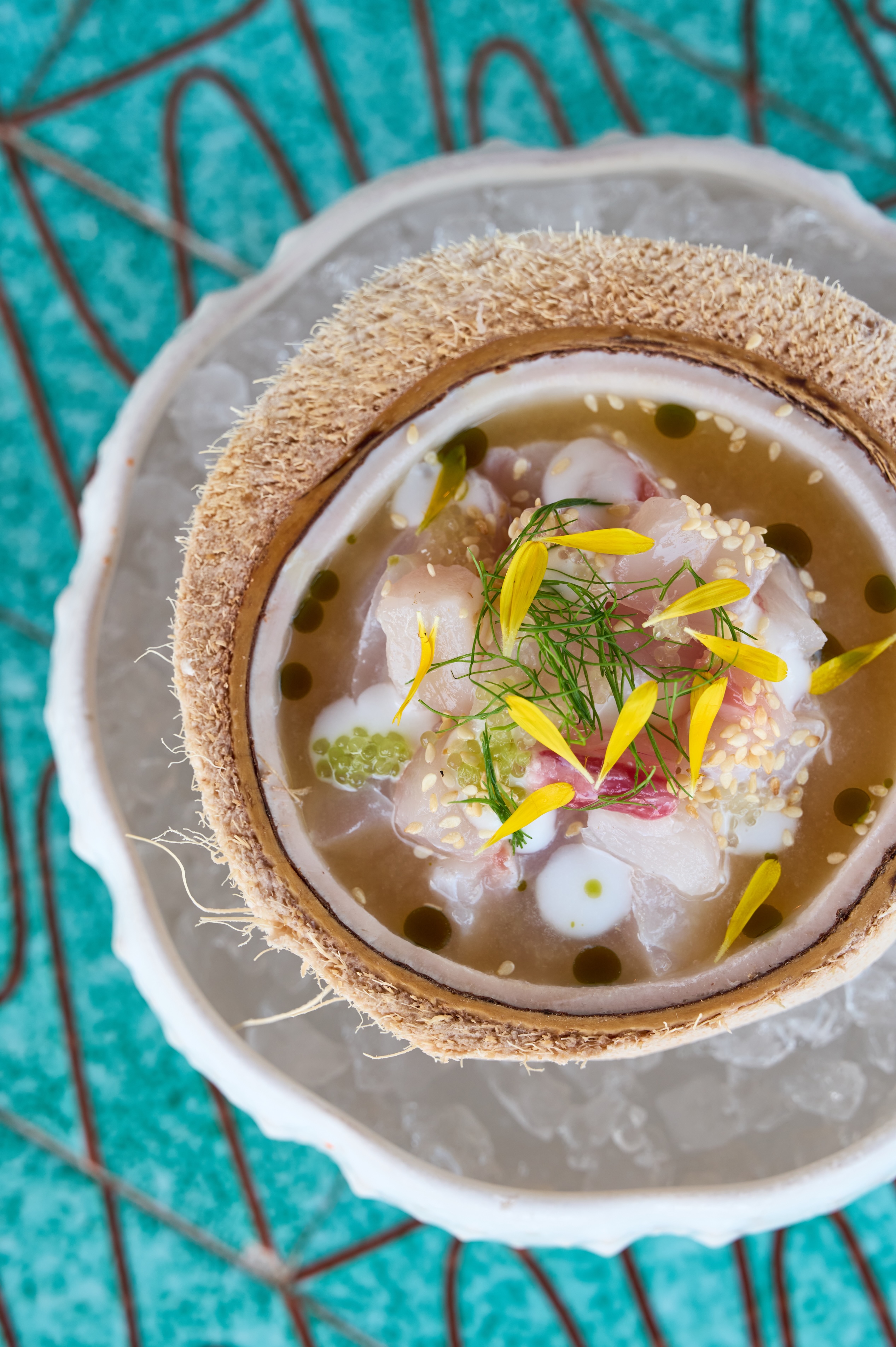 Coconut Ceviche at Eddie's in Greenport - Coconut ceviche at Eddieu2019s waterfront restaurant in Greenport on the North Fork of Long Island at Silver Sands Motel, featuring fresh coastal seafood dining with harbor views