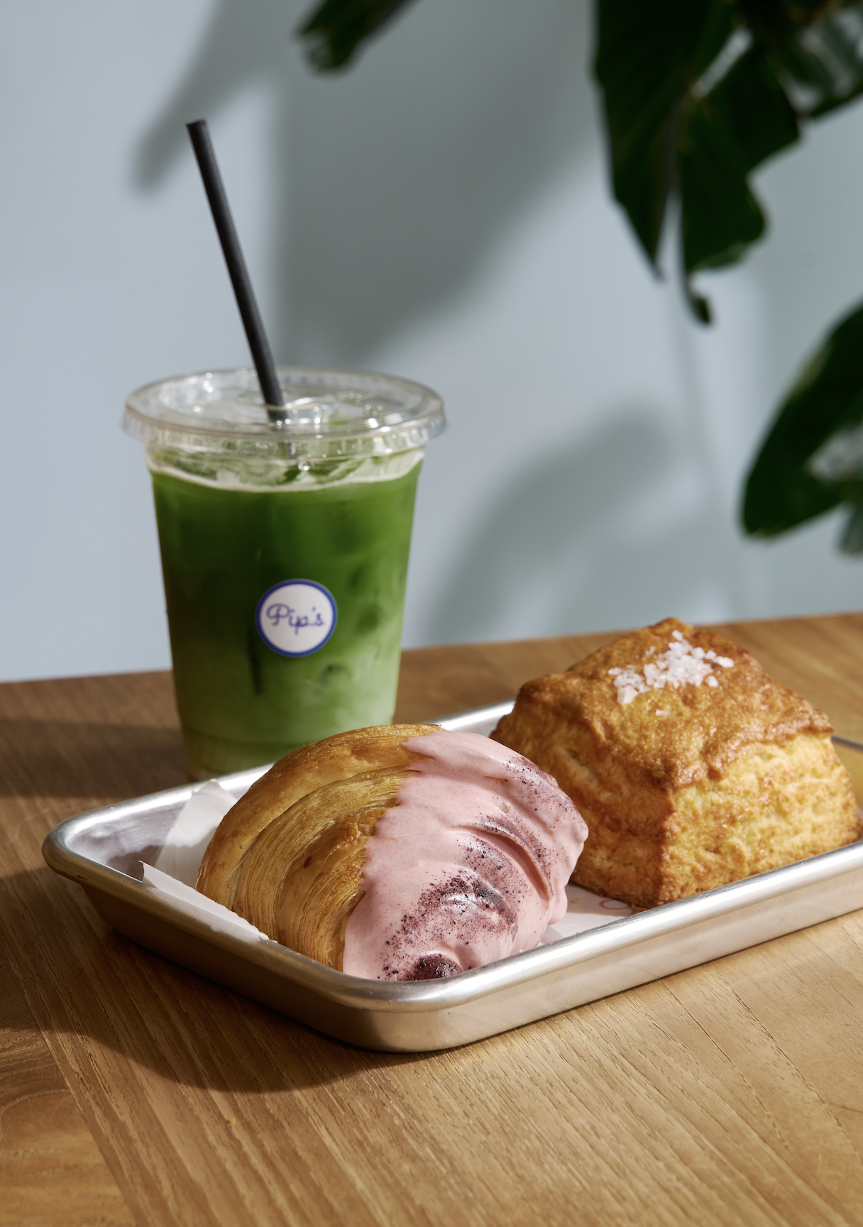 Croissant, biscuit and iced matcha