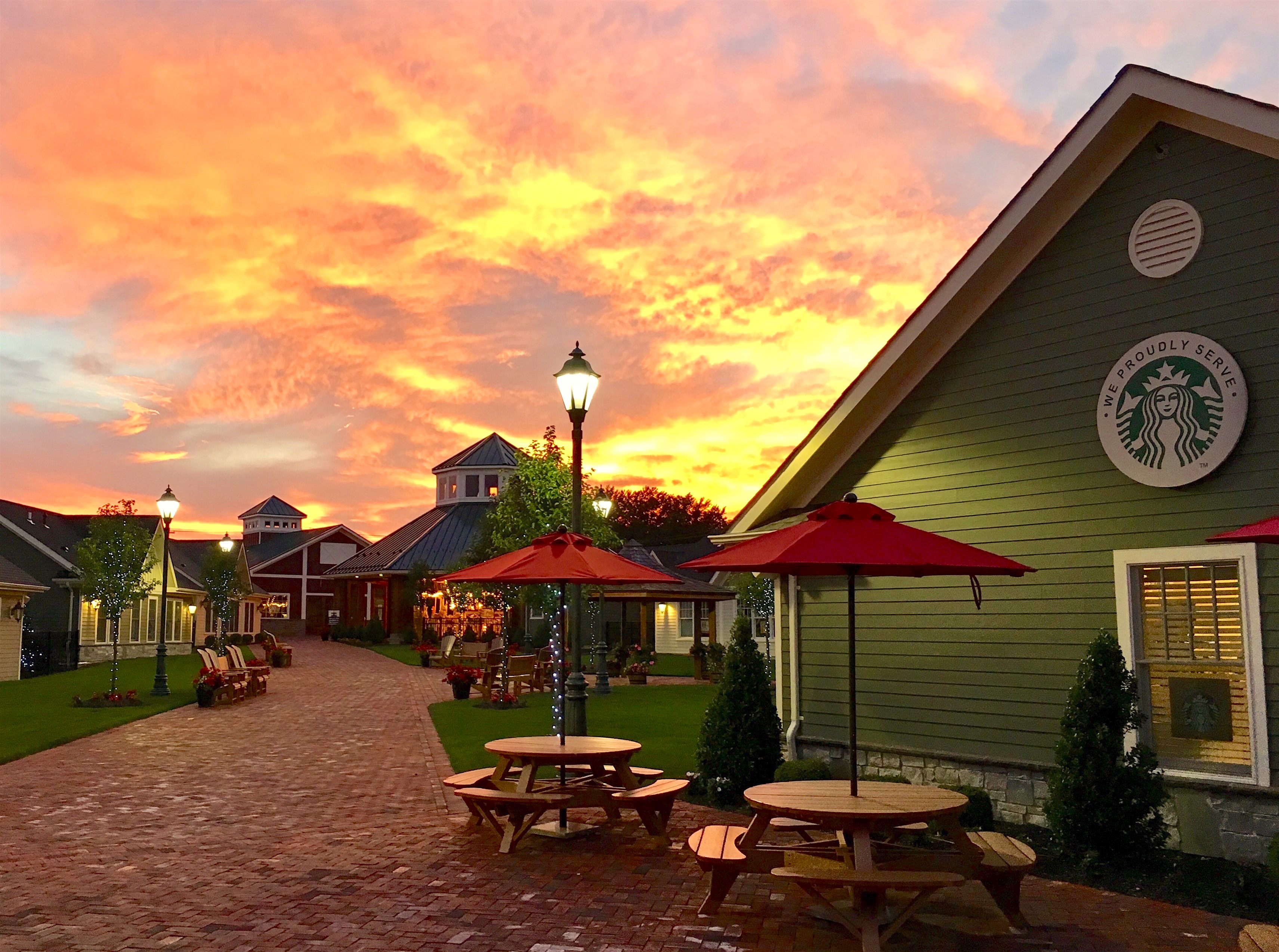 Sunset at The Shoppes - The Shoppes are open daily.  Tweets Ice Cream Cafe proudly serves Starbucks