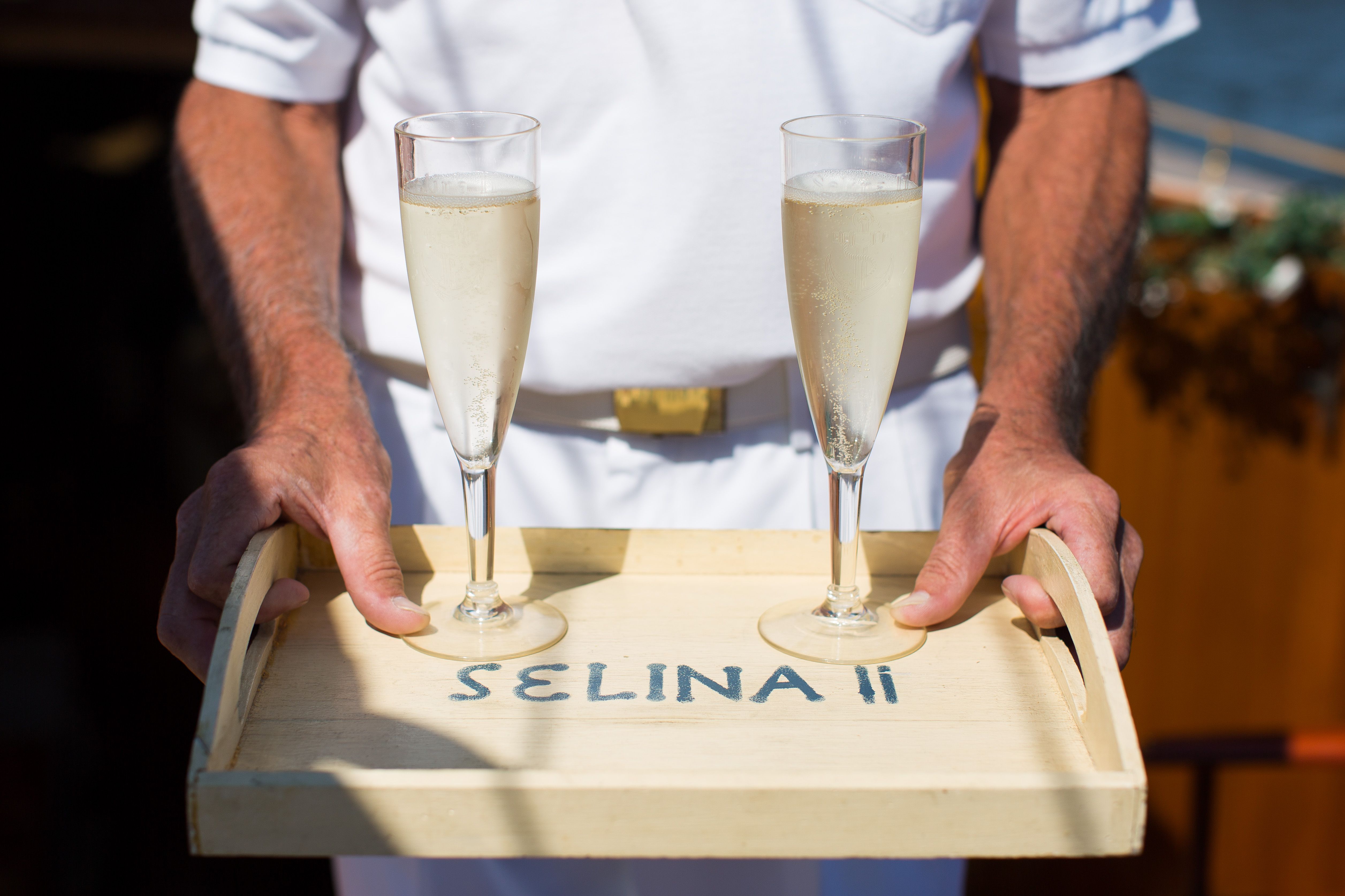 Champagne glasses on boat