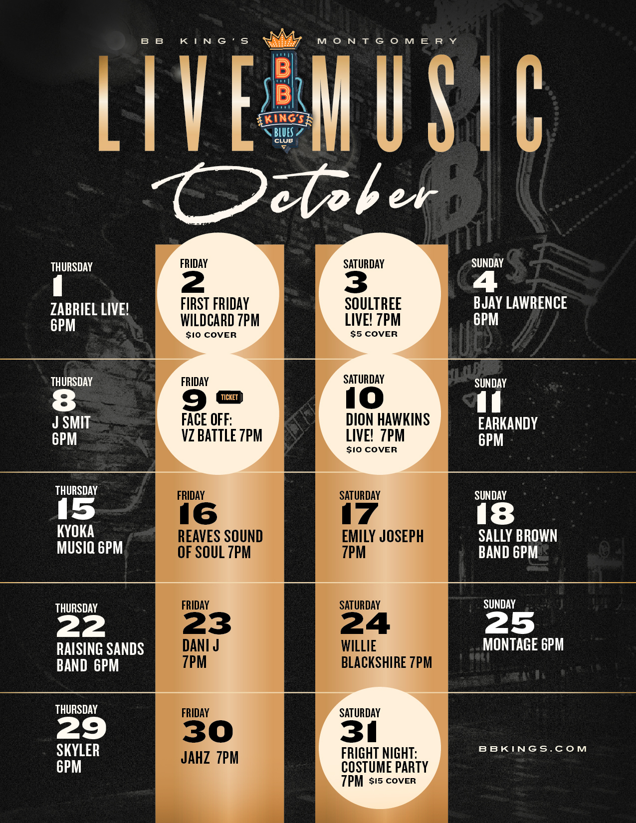 flyer for BB King's October Calendar!