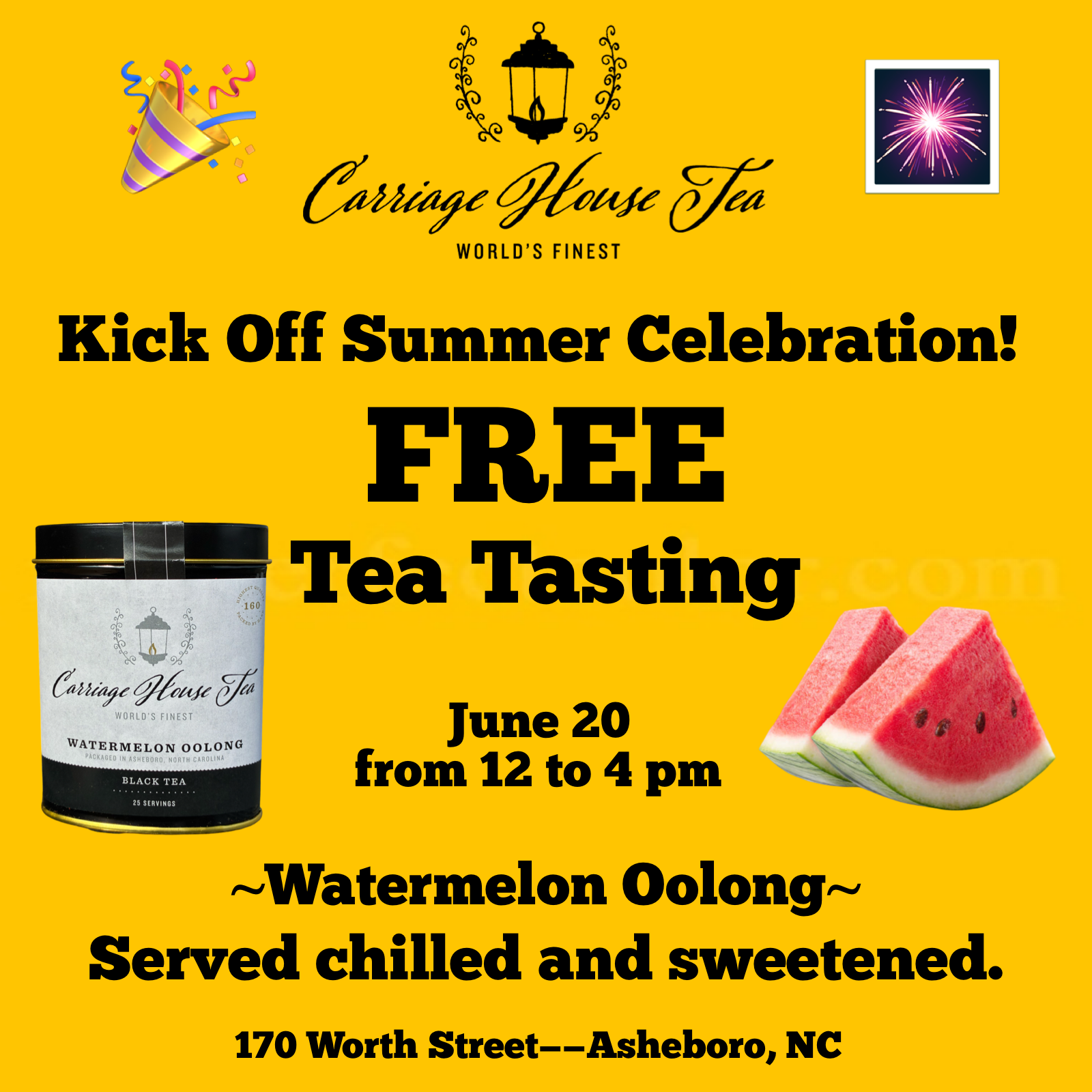 Carriage House Tea: Free Tea Tasting Featuring Watermelon Oolong Tea, June 20, 2026, 12 to 4 p.m.