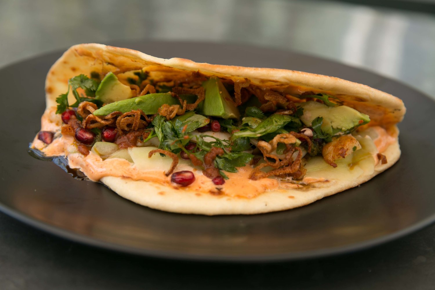 seared shrimp flatbread sandwich