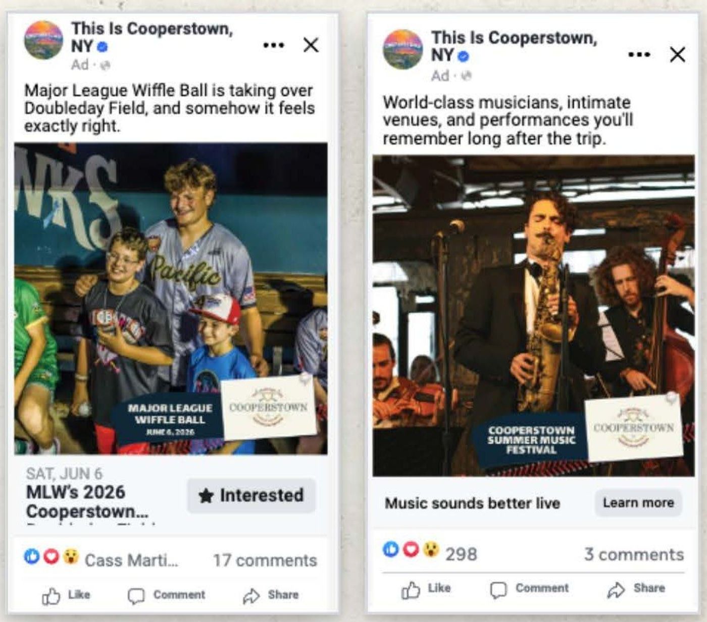 Two sample Facebook event ads from This Is Cooperstown