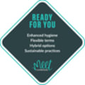 Ready For You Logo, with enhanced hygiene, flexible terms, hybrid options and sustainable practices.