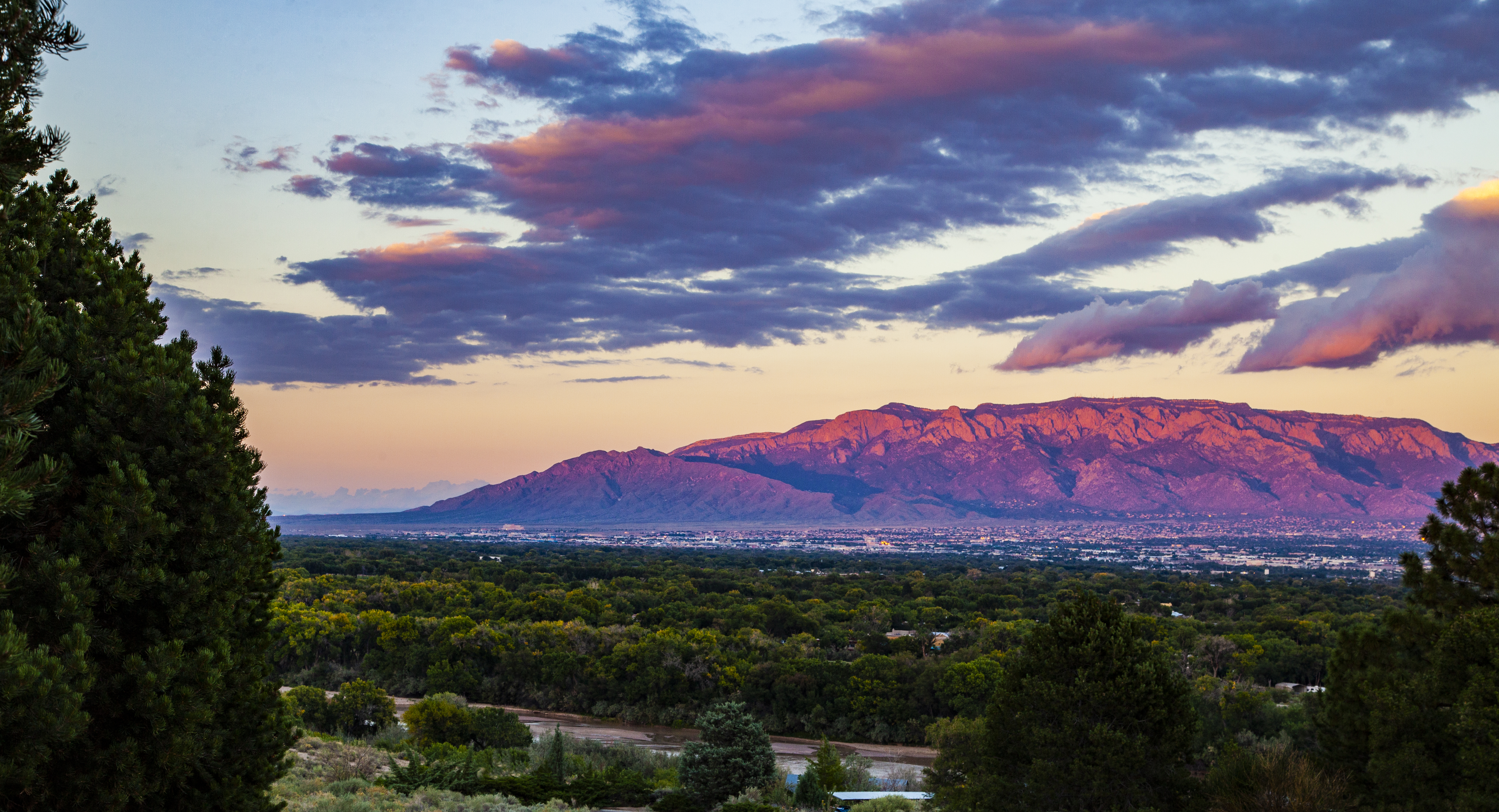 The Sandia Mountains at sunset from the westside of the city.