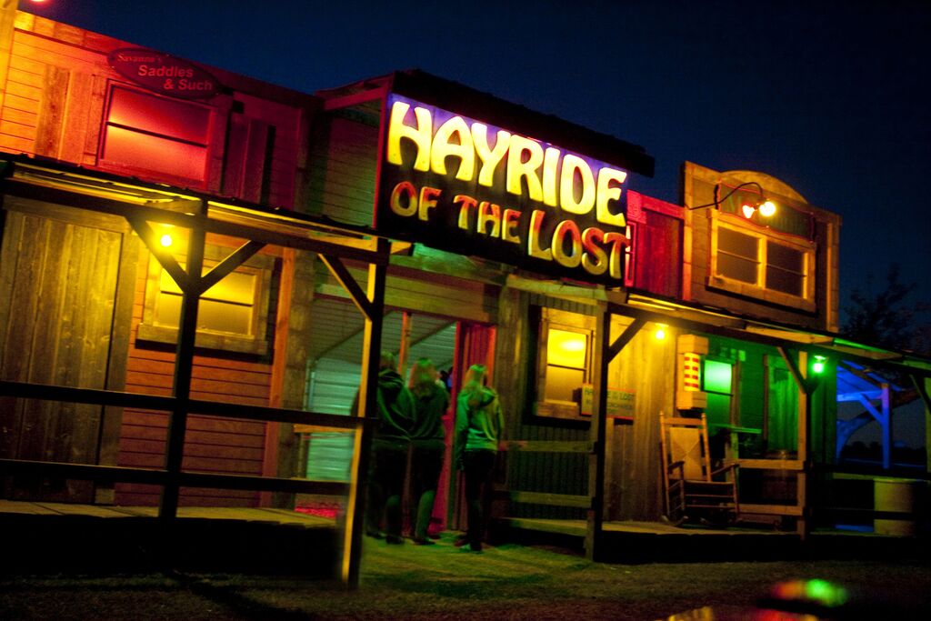 Bright colors light up the Hayride of the Lost Halloween attraction.
