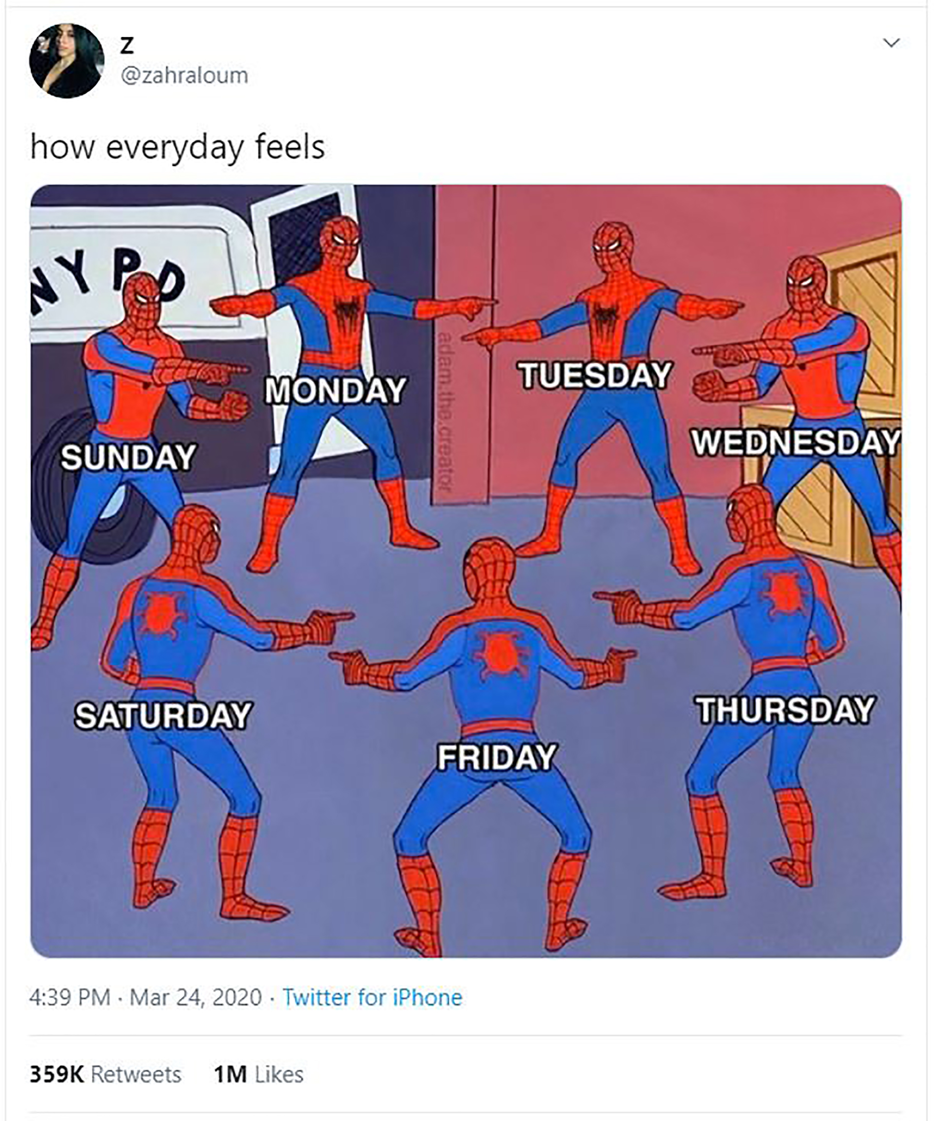 Spiderman pointing, all the days look the same