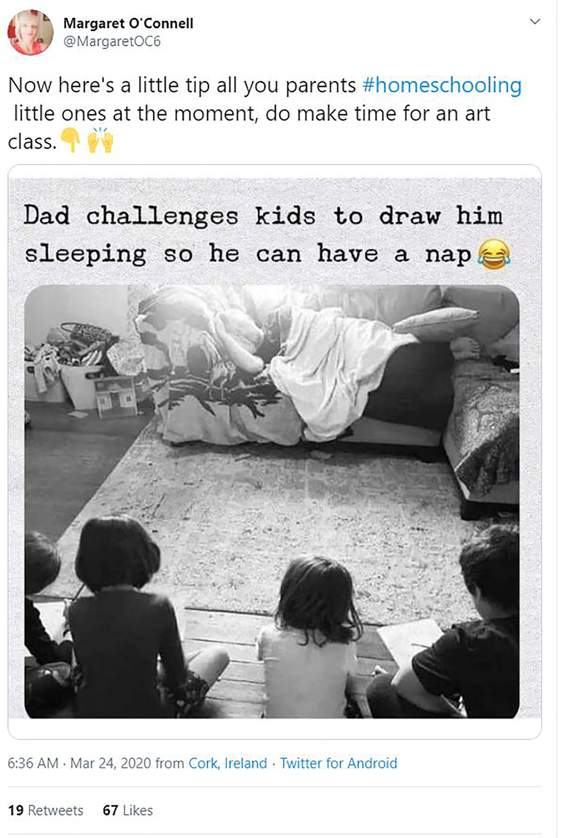 Work from home joke, says "Dad challenges kids to draw him sleeping so he can have a nap"