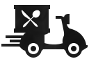 Black Icon for delivery that features a scooter with a box of food on it
