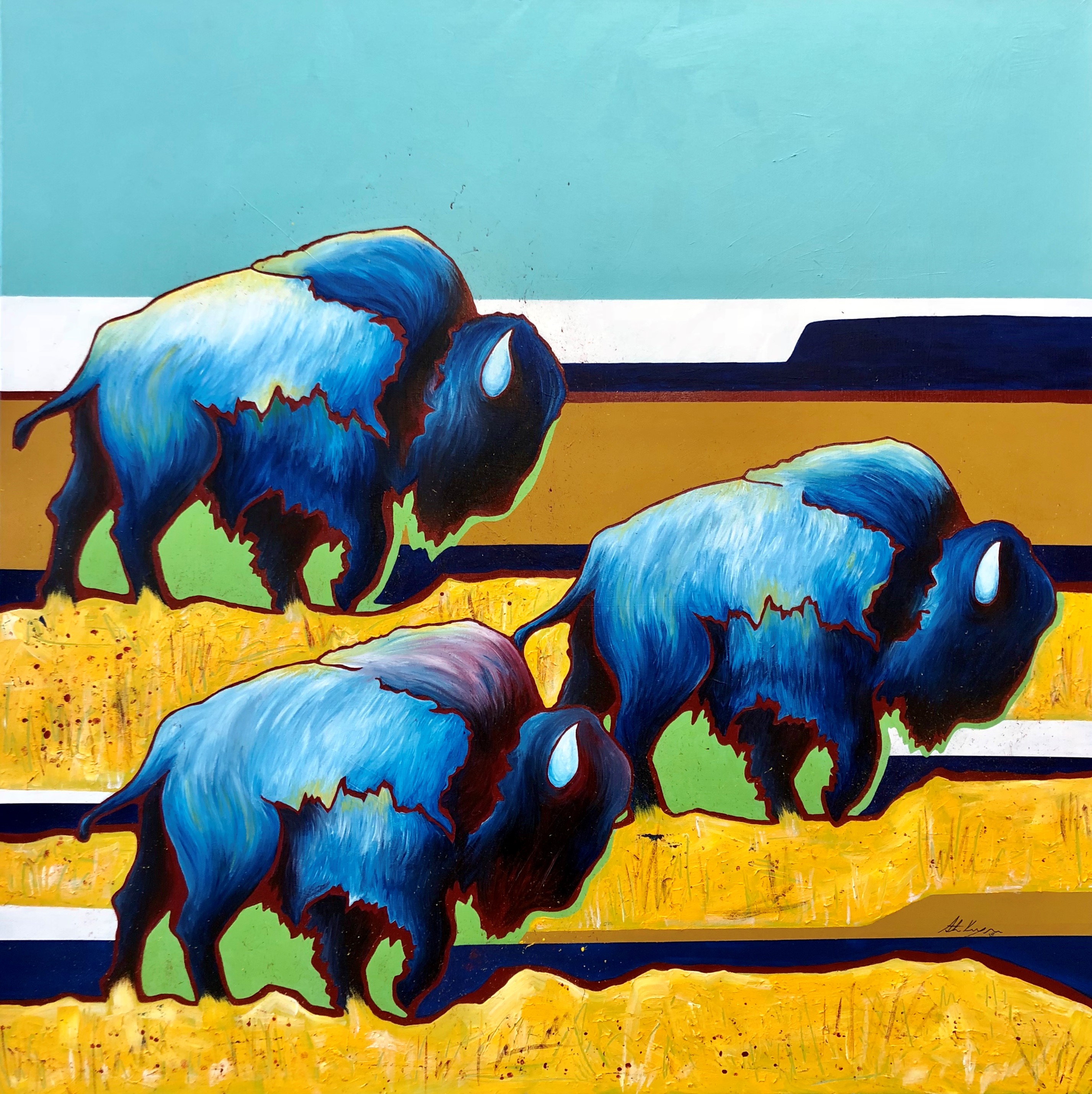 Artistic painting of bison on the prairie using blues and yellows.