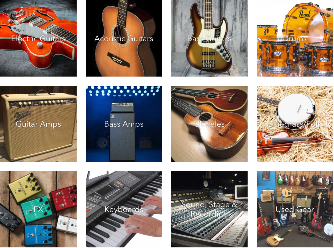 Grid of guitars, drums, bass amps, guitar amps, violin, keyword, and stage equipment from Maxwell House of Music