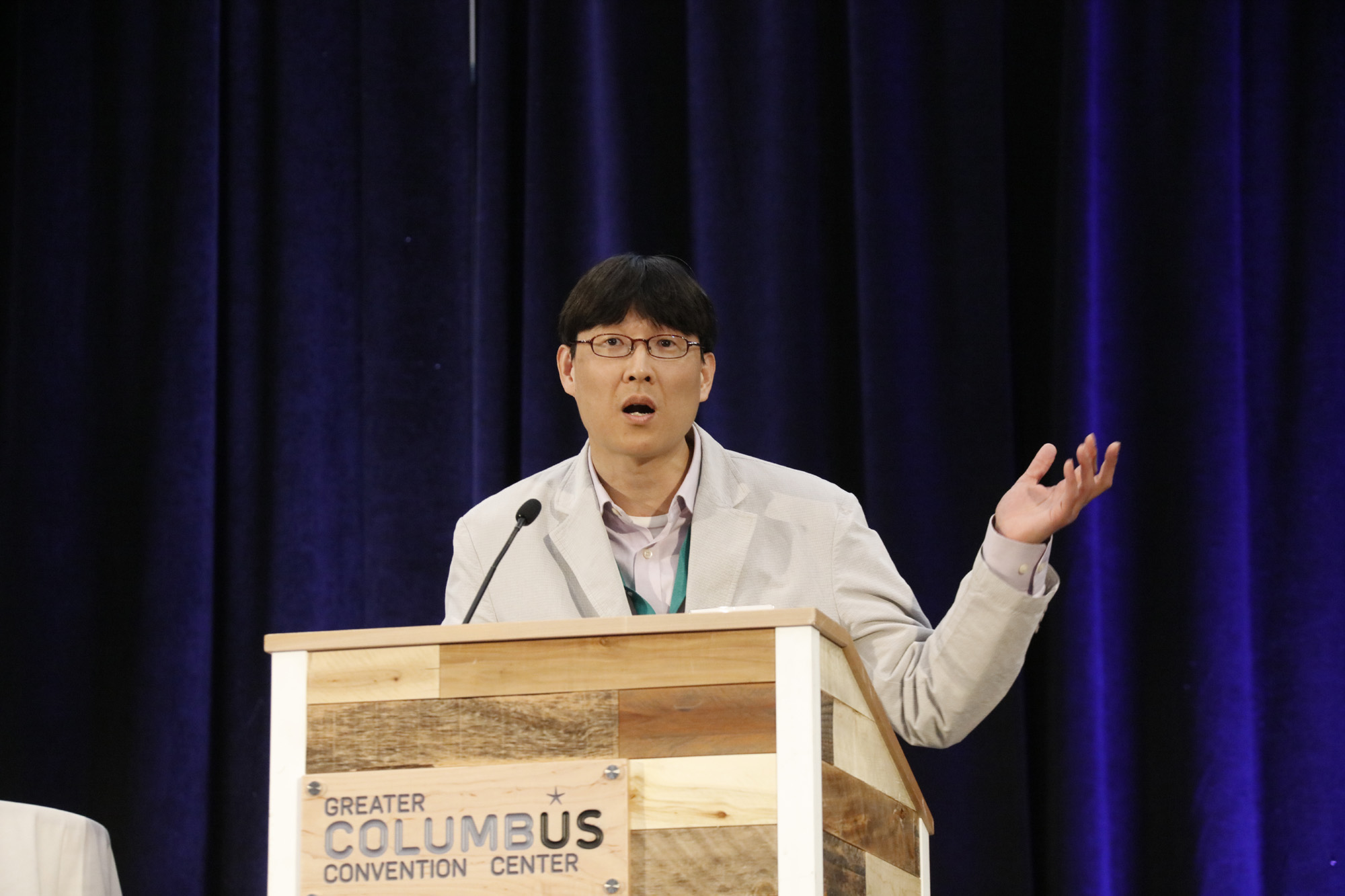 Speaker behind podium during Battelle's Innovations in Climate Resilience Conference at the Greater Columbus Convention Center