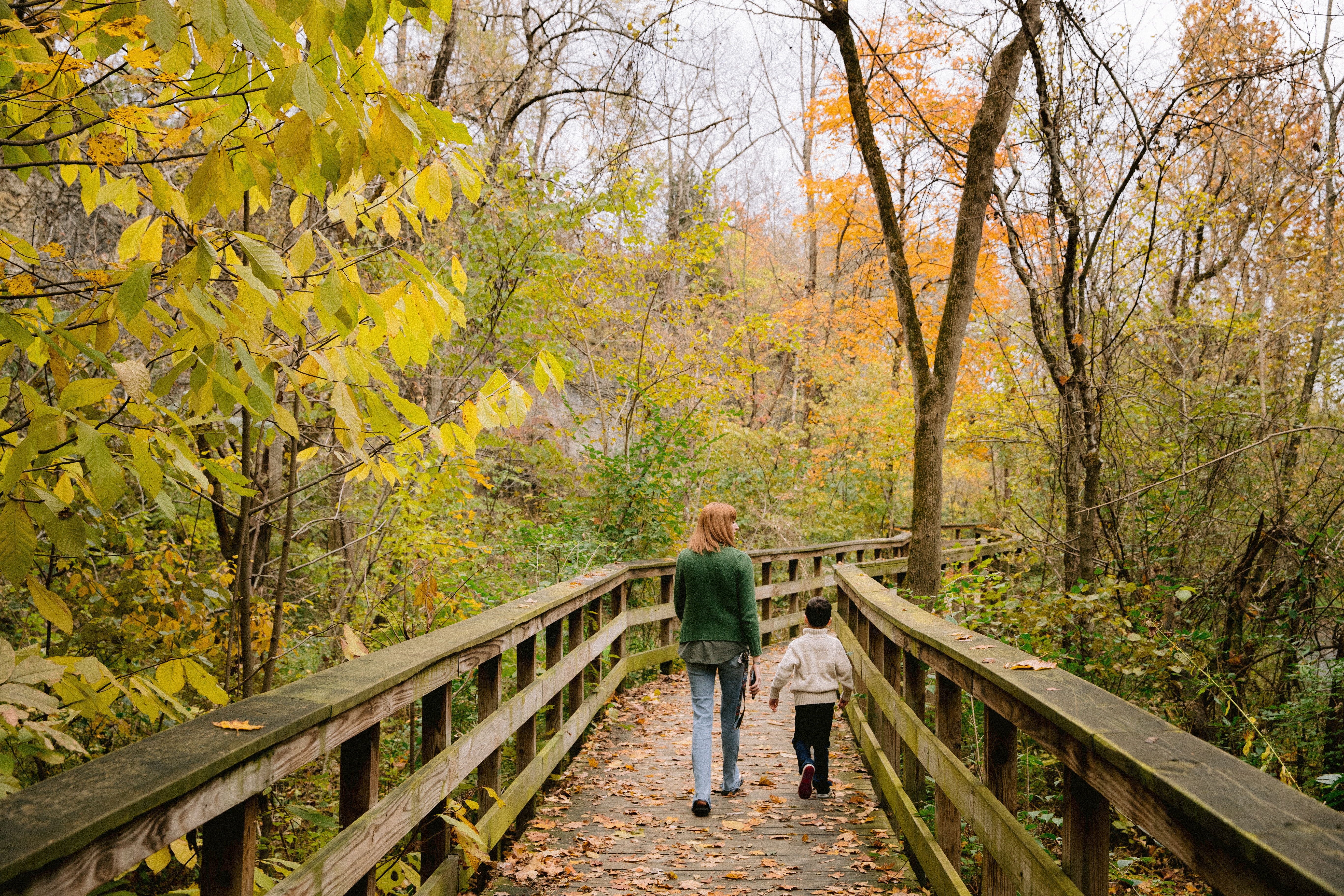 Mother and son walking the observation deck at Hayden Run Falls surrounded by fall color.