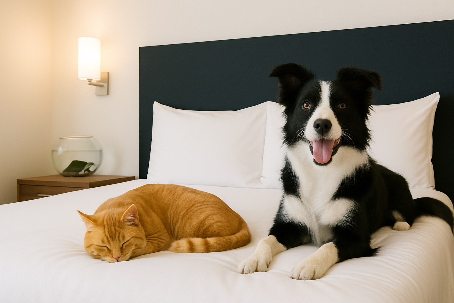 A Border Collie and an orange tabby cat relax on a neatly made hotel bed while a small turtle terrarium sits on the nightstand beside them—capturing a cozy, pet-friendly stay in Fayetteville, NC.