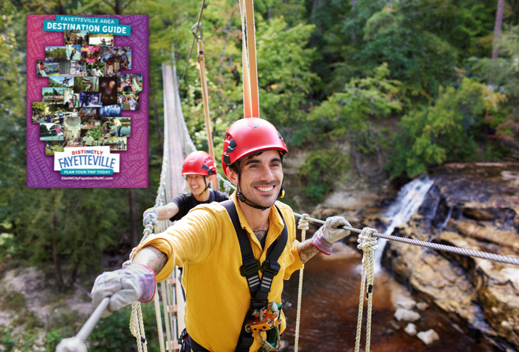 Men enjoying a day at Cumberland County's ZipQuest with the cover of the Greater Fayetteville Digital Destination Guide
