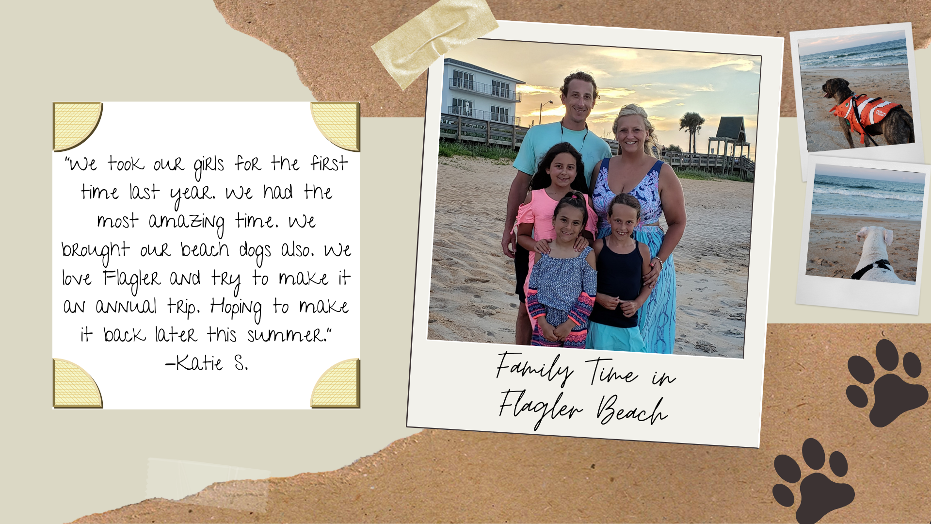 Picture collage of a family and dogs on the beach in Palm Coast, FL