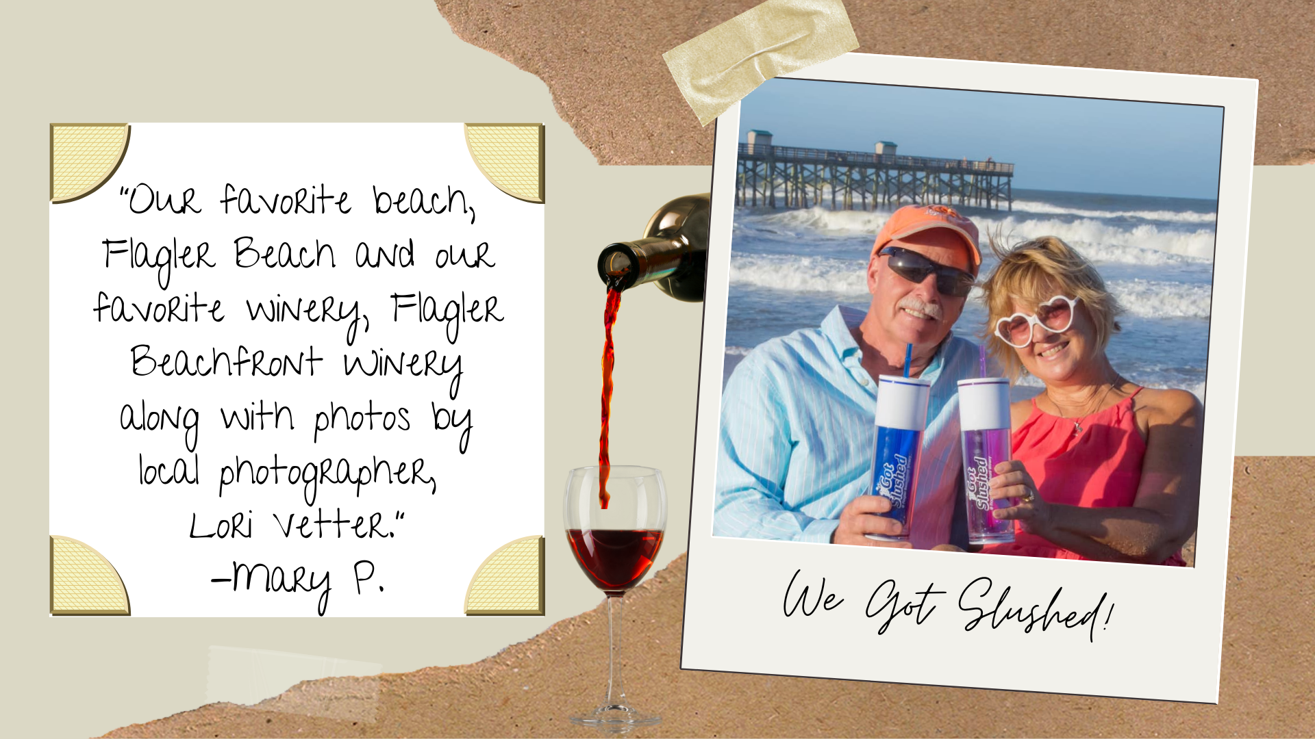 A couple holding up souvenir wine tumblers on Flagler Beach, FL