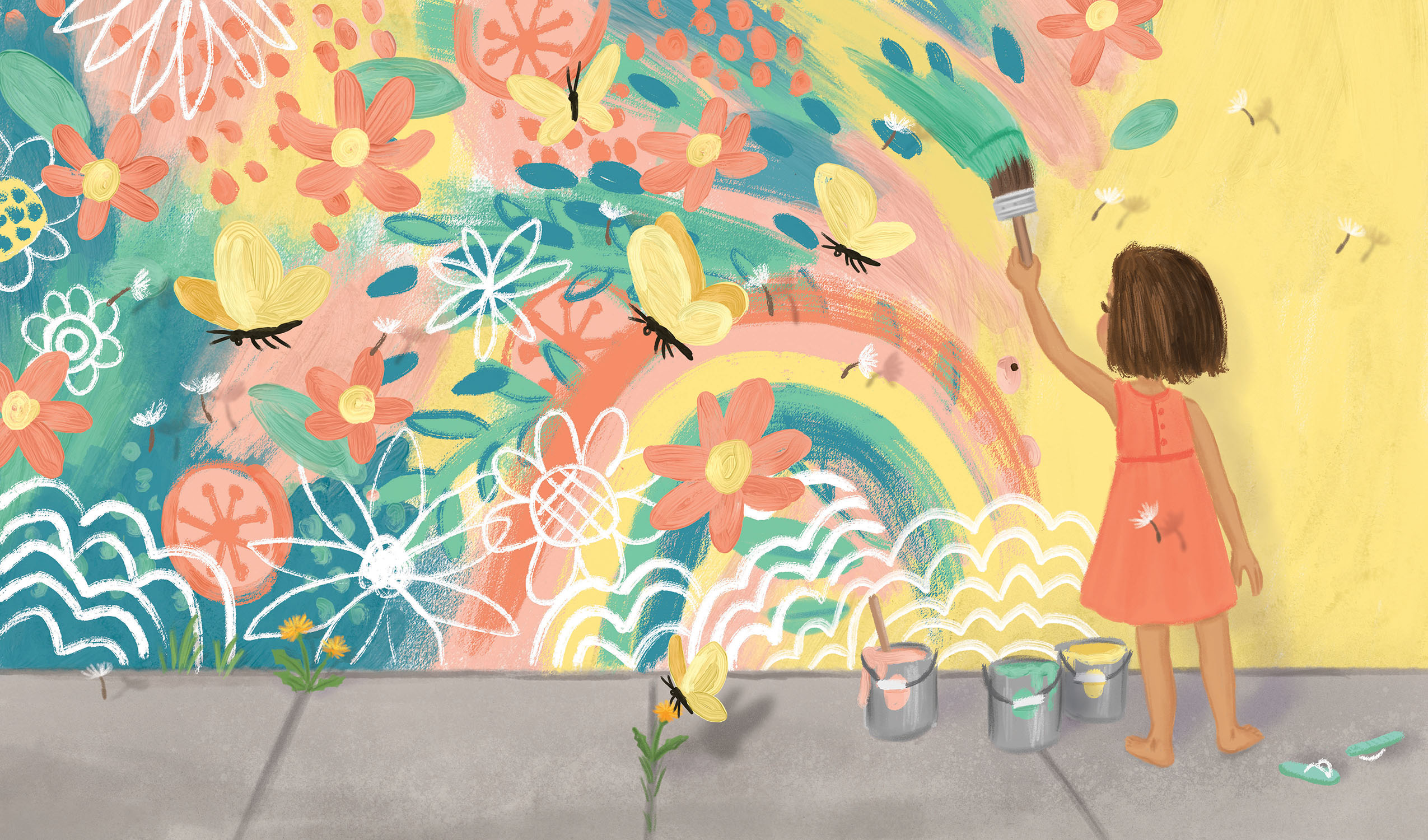 Illustration by Talitha Shipman of a little girl painting a mural. Illustration is called "Finding Beauty Mural"