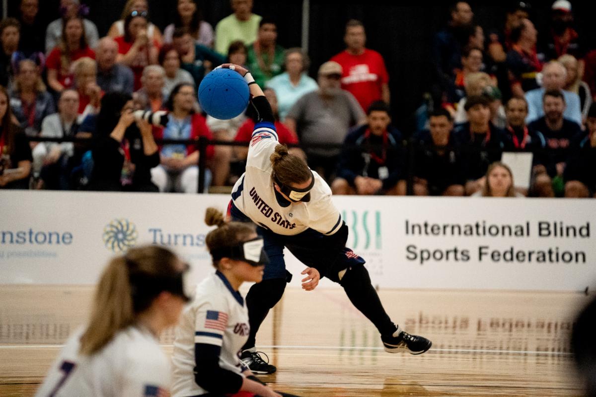 Lisa Czechowski pitches the ball down the court during the Women’s Goalball Finals Game against China in the IBSA 2019 Goalball & Judo International Qualifier event held in Fort Wayne this summer