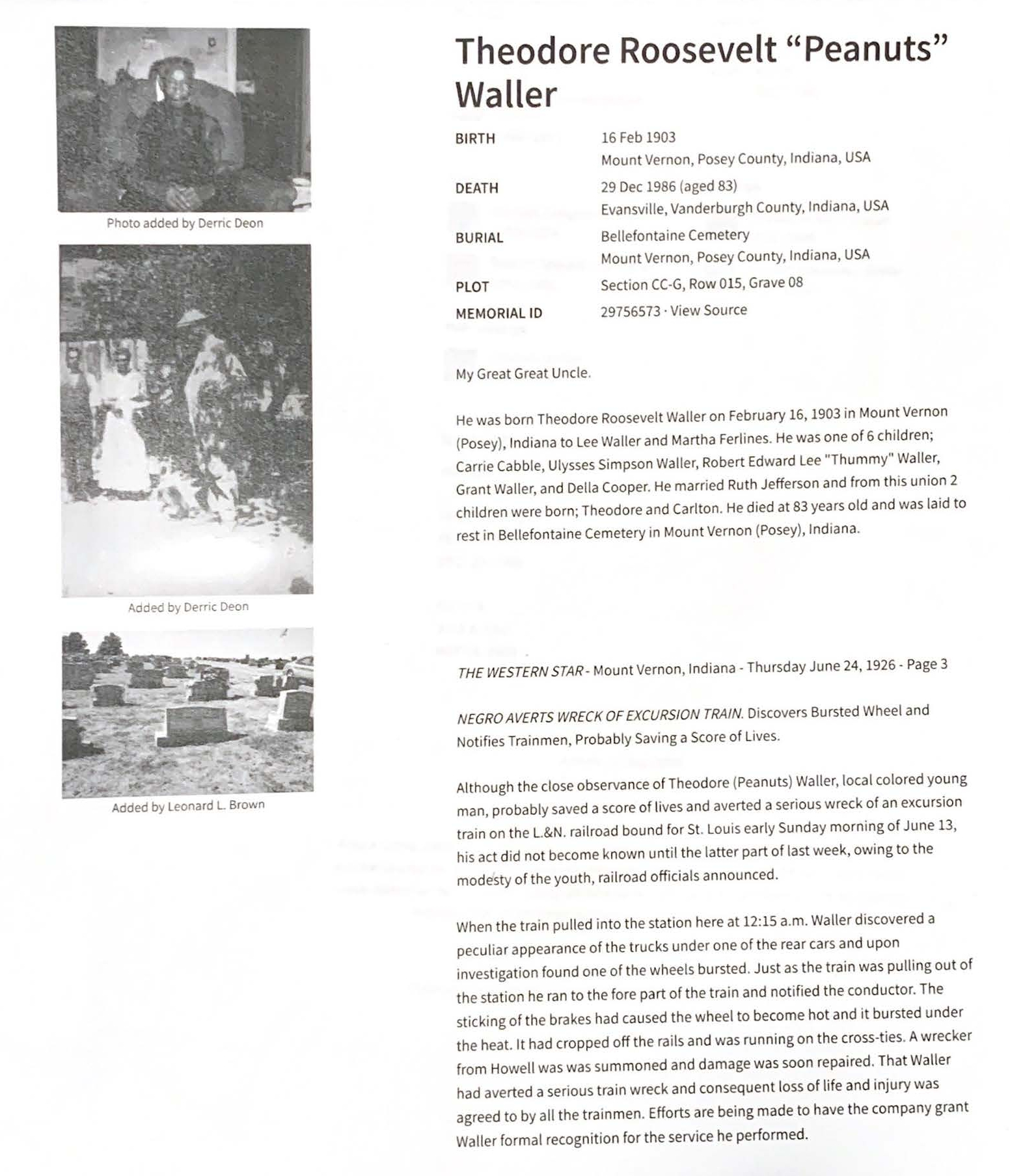 Family history information on Theodore Roosevelt "Peanuts" Waller.