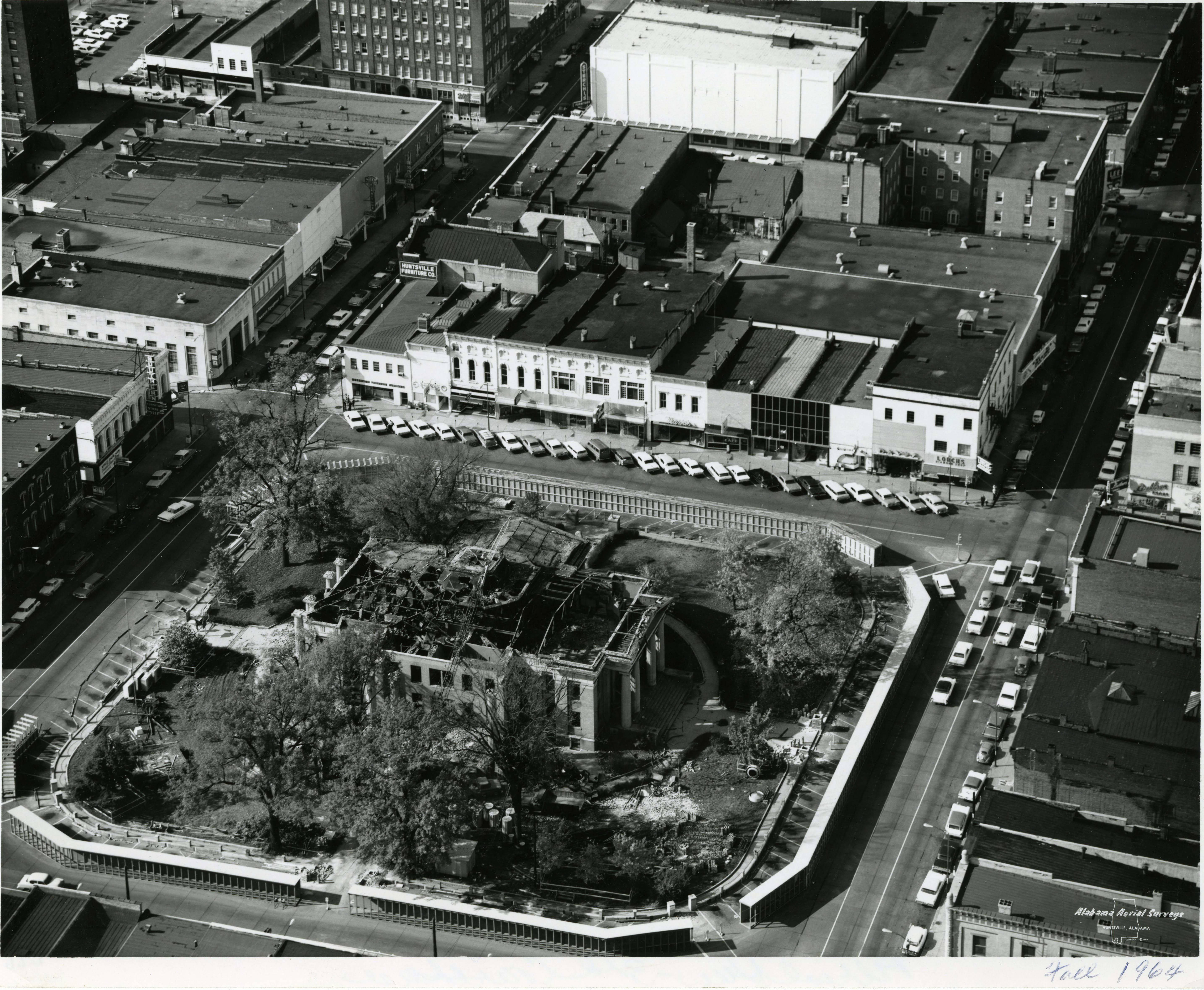 An overhead image from 1964 showing the Demolition of the 3rd Courthouse.