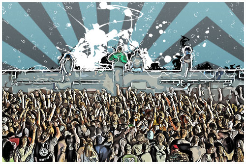 A digital drawing of concert-goers enjoying a live band in Irving.
