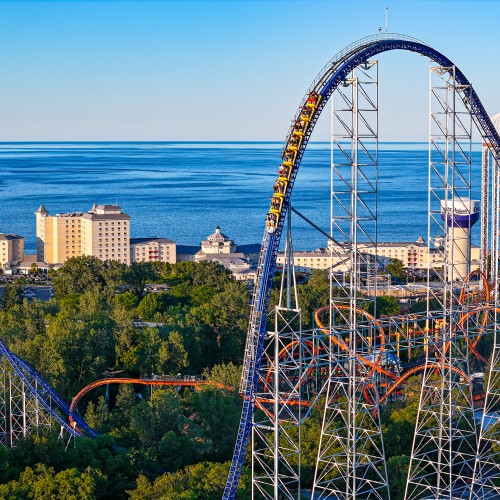 Roller coaster with Lake Erie in the background