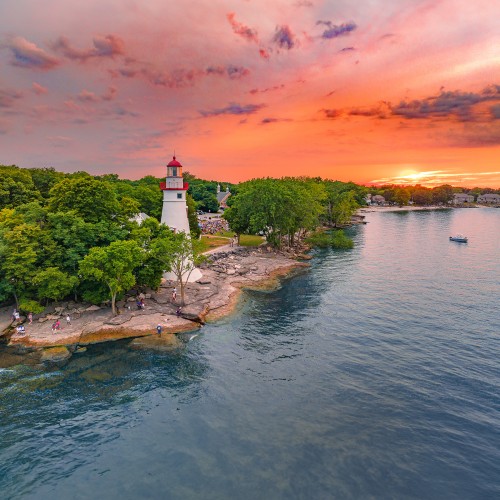 Aerial view of Marblehead Lighthouse with sunset background