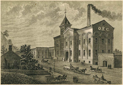 An old lithograph of the original distillery at Buffalo Trace Distillery.