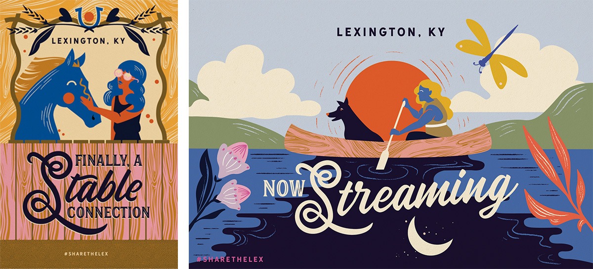 Two side by side vintage style illustrated post cards. One says "Finally a stable connection" with a stylized girl petting a blue horse and the other says "Now Streaming" with a stylized girl and her dog canoeing on a river.