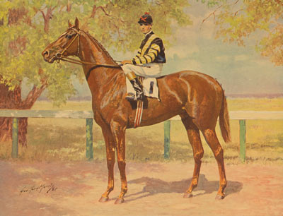 An oil painting of the famous race horse Man o' War