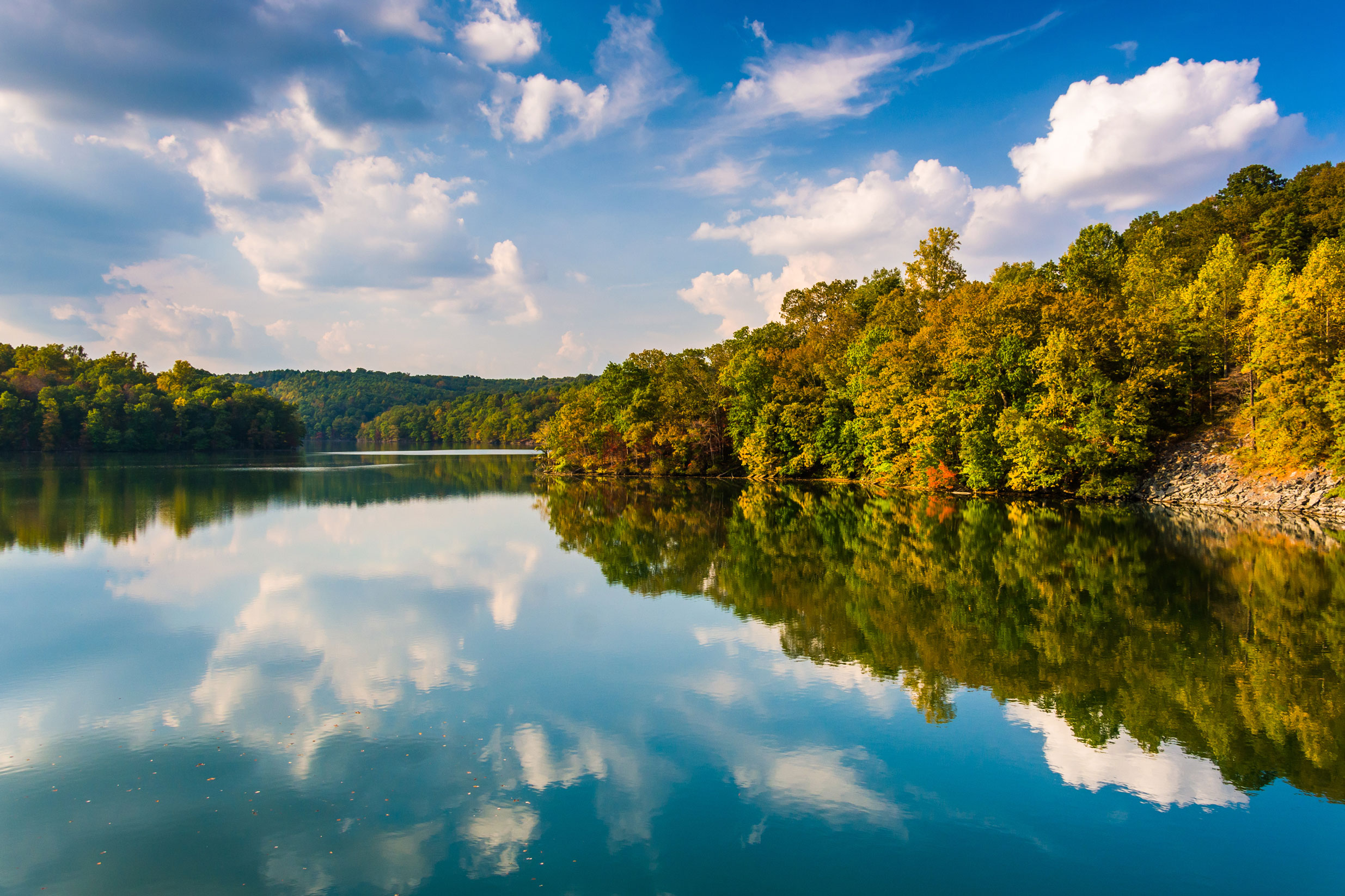 View of the Potomac River with trees and clouds in the crystal clear reflection
