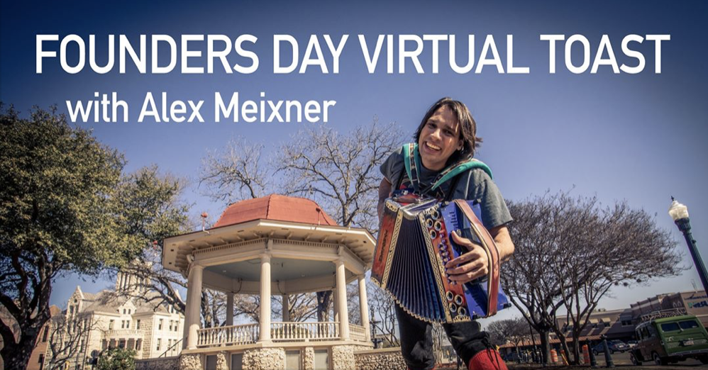 Polka artist Alex Meixner posing in front of the Downtown New Braunfels Plaza Bandstand