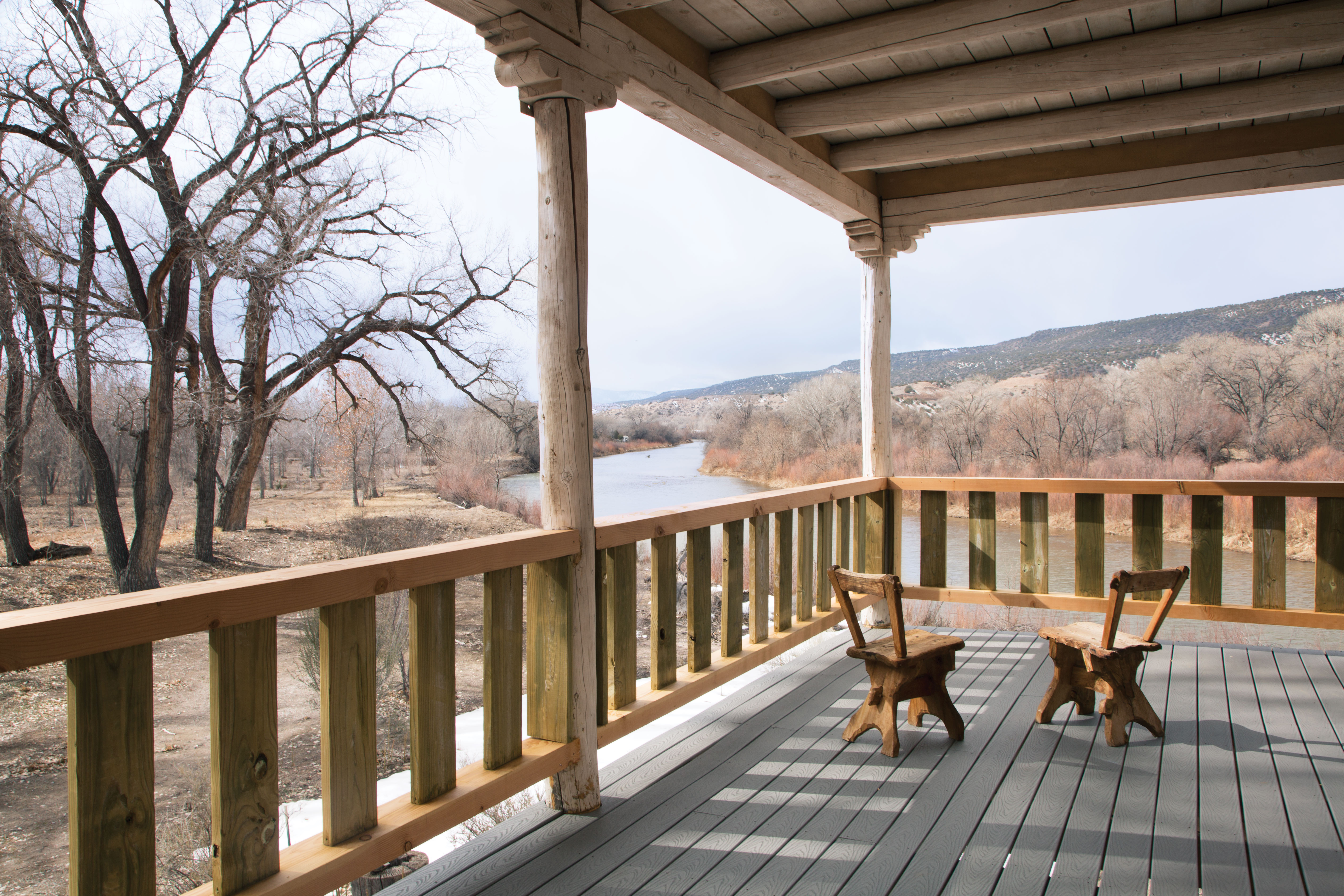 The deck of the River House at Los Luceros Historic Property