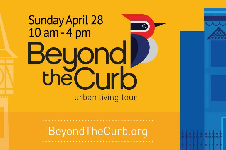 poster image of yellow background with graphic bird and information of beyond the curb urban living tour in covington, ky