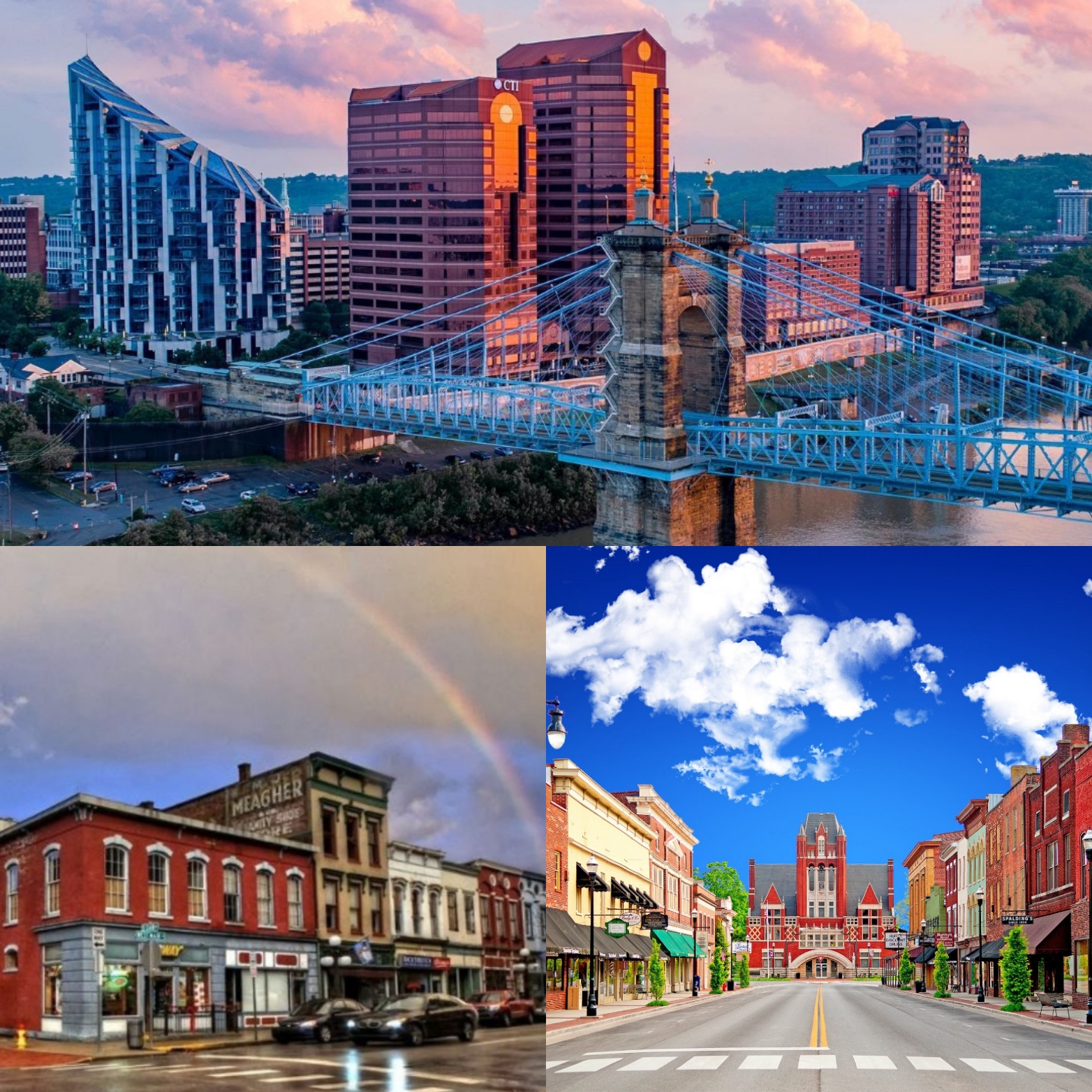 A collage of the downtowns of the three cities on the Come Find Bourbon tour--Covington, Frankfort, and Bardstown, Kentucky