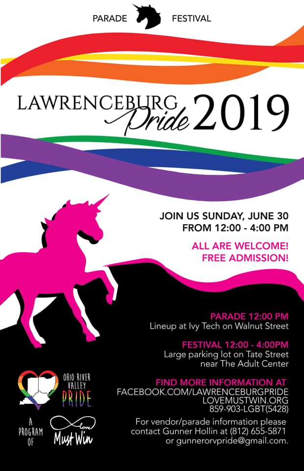 A flyer with a pink unicorn illustration announcing the 2019 Lawrenceburg Pride Parade and Festival for June 30, starting at noon