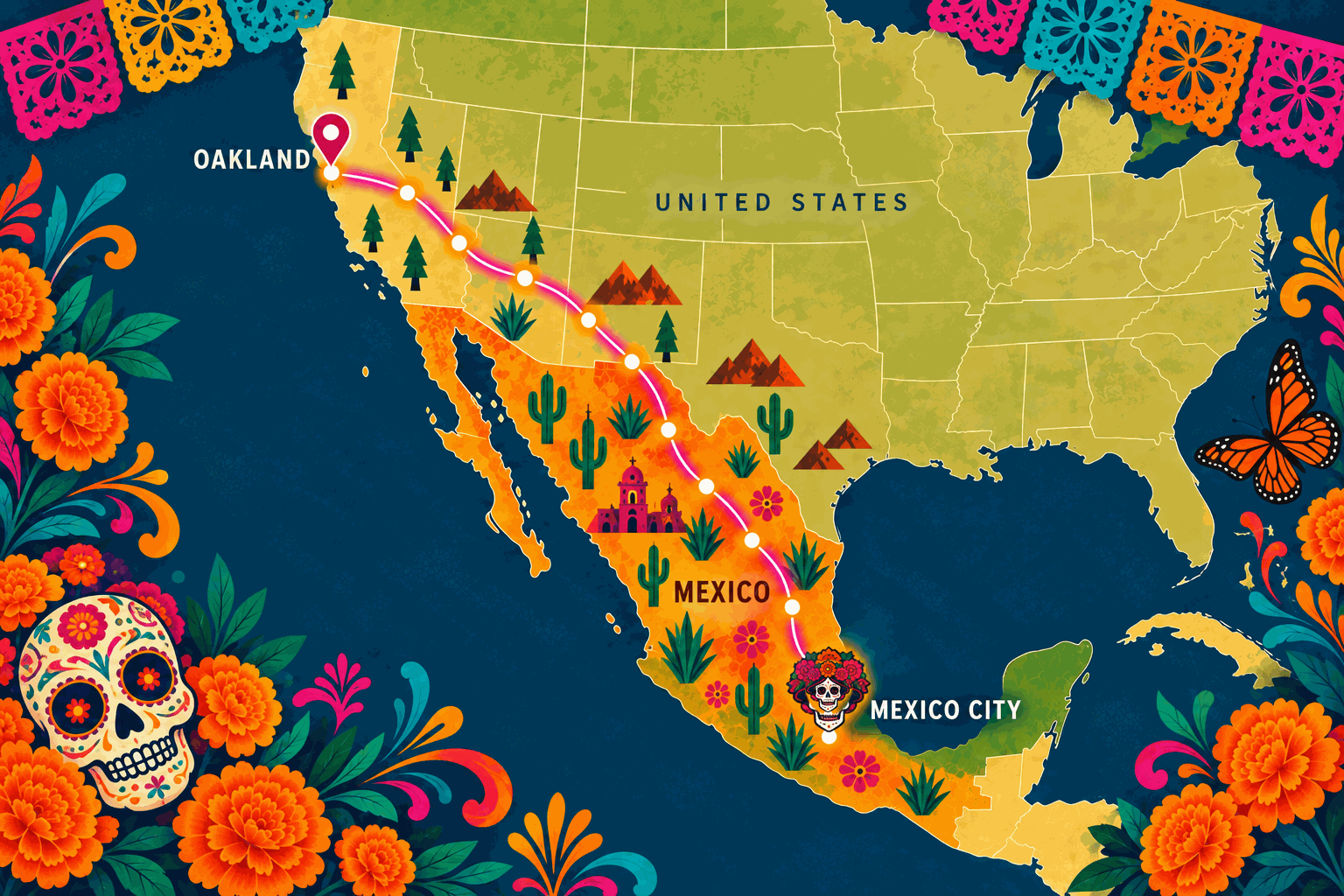 Animated Día de los Muertos map showing a Catrina traveling from Mexico City to Oakland, California