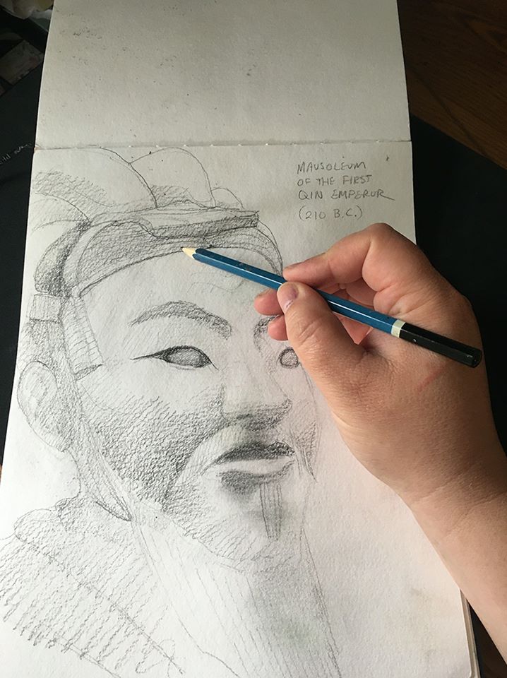 A pencil sketch of a samurai warrior as part of Princeton's online art classes