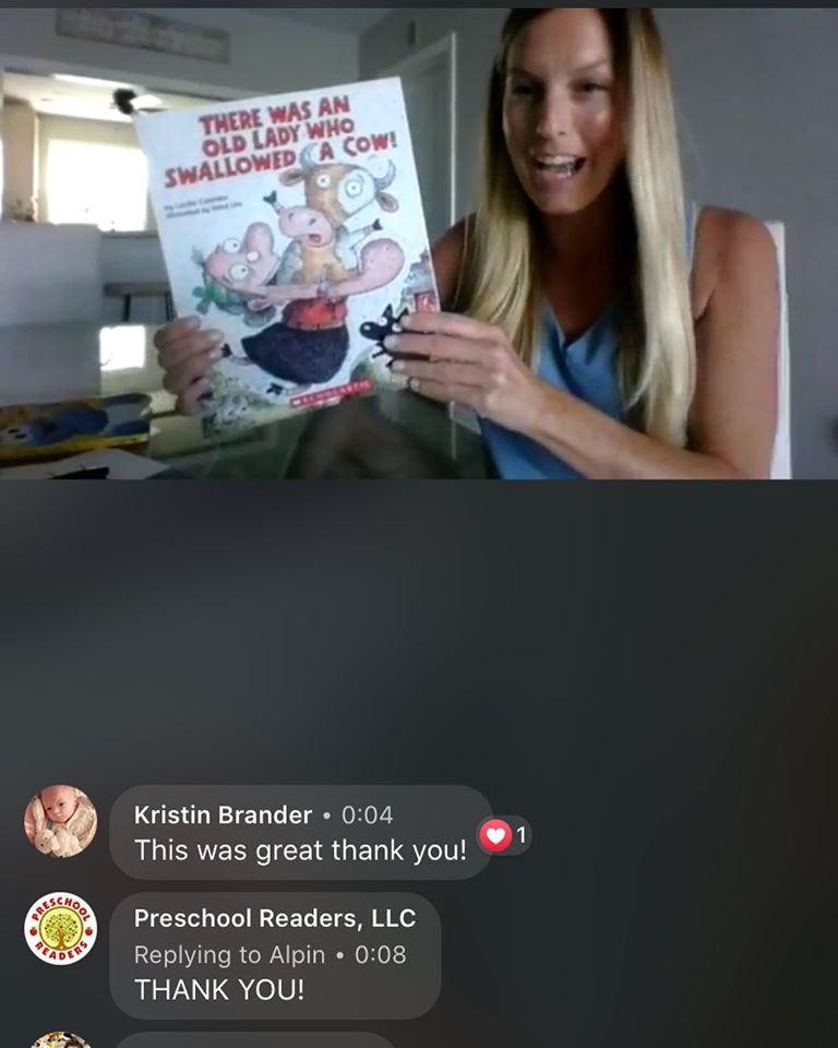 A still from a video as a woman reads a children's book through an online forum