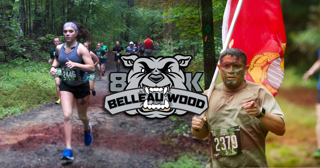 Group of people on a trail run for Belleau Wood 8K