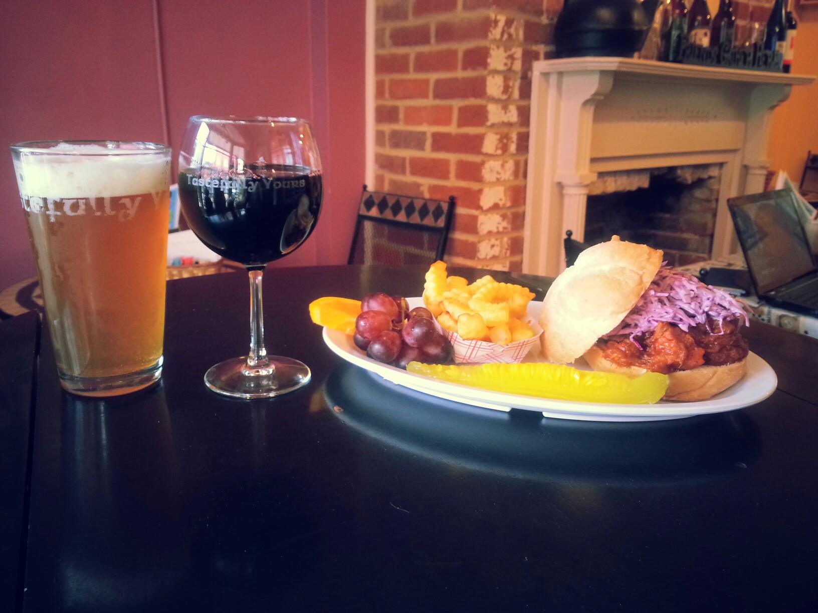 sandwich, beer and wine at Tastefully Yours in Occoquan