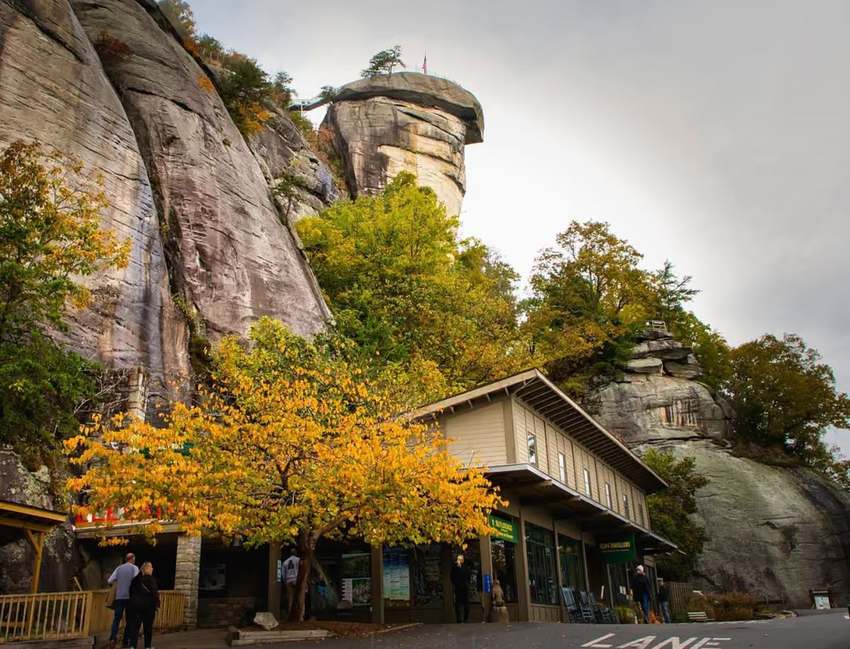 Autumn foliage beneath the rock formations at Chimney Rock