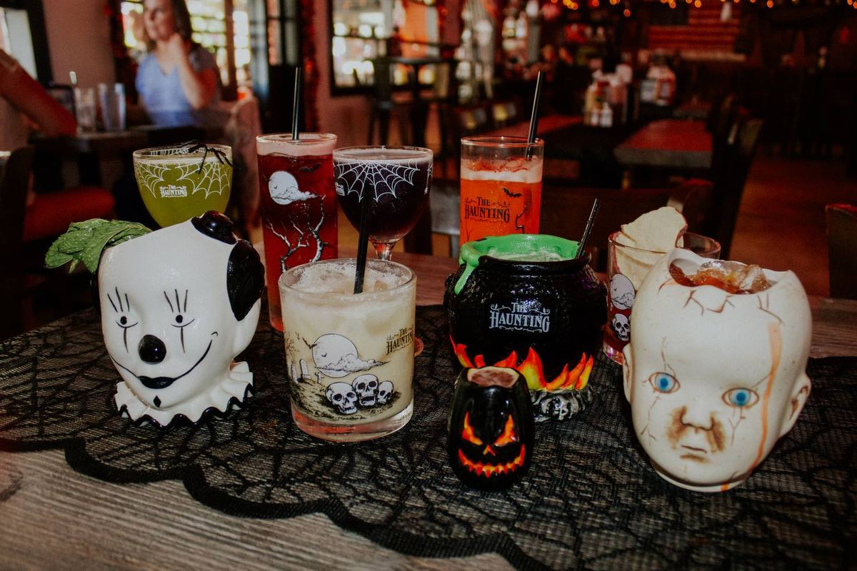 Halloween cocktails in ghost and pumpkin mugs at Chimney Rock Smokehouse