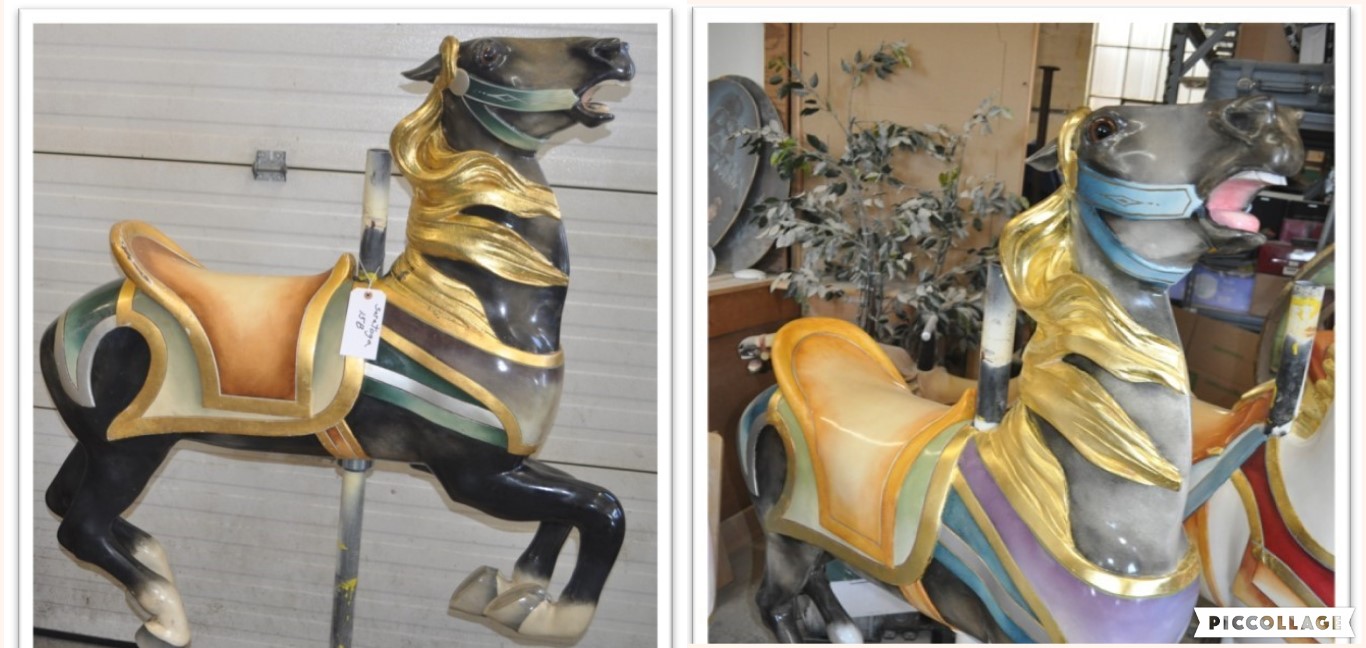 Two-photo collage showing before and after refurbishments pics of one of the carousel horses
