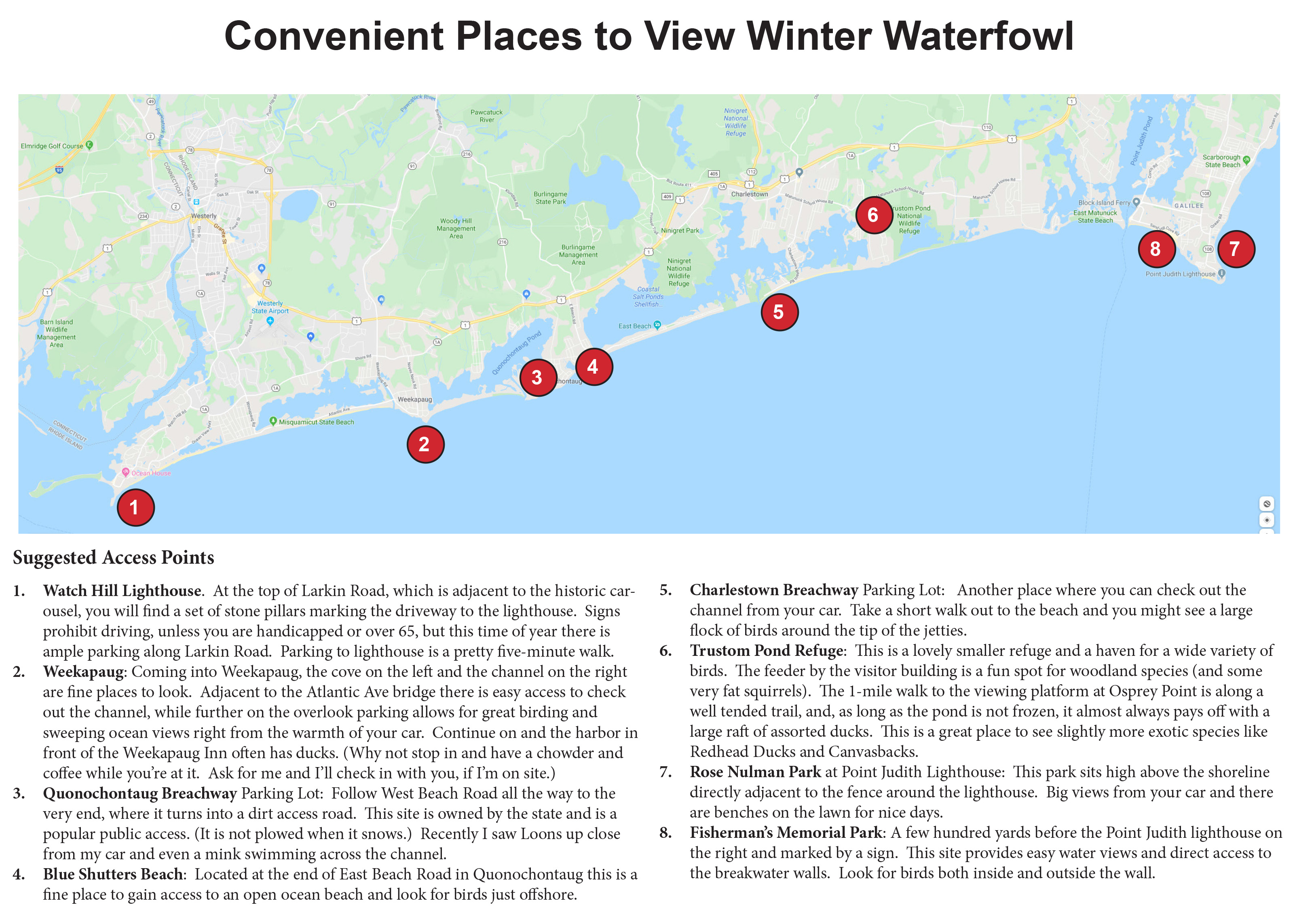 Map of where to view winter water fowl in South County.