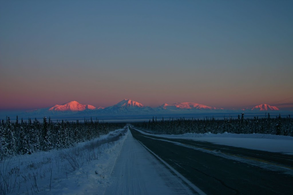 the Wrangell Mountain Range and a highway