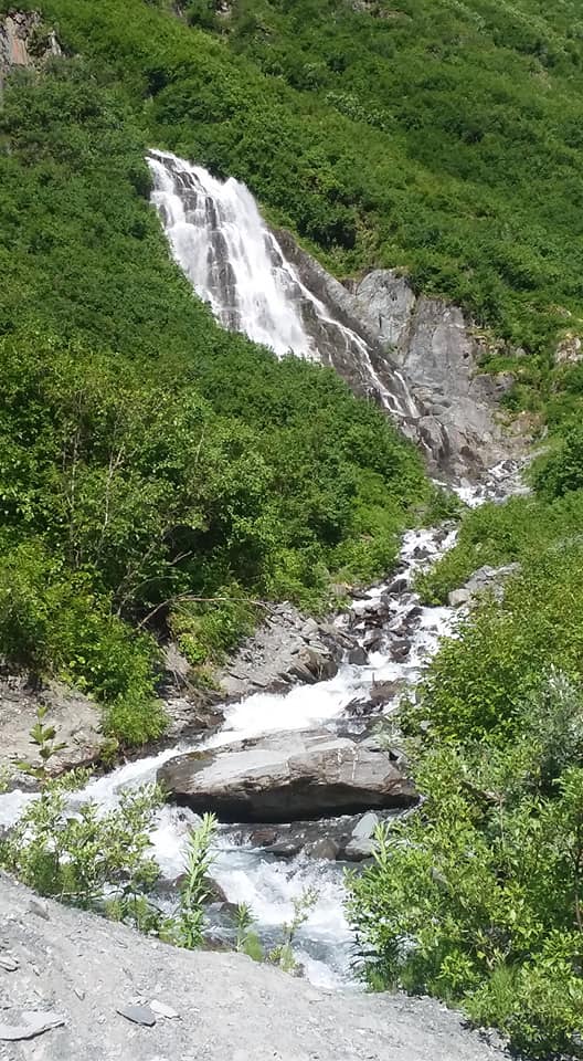 a waterfall on a lush mountain side