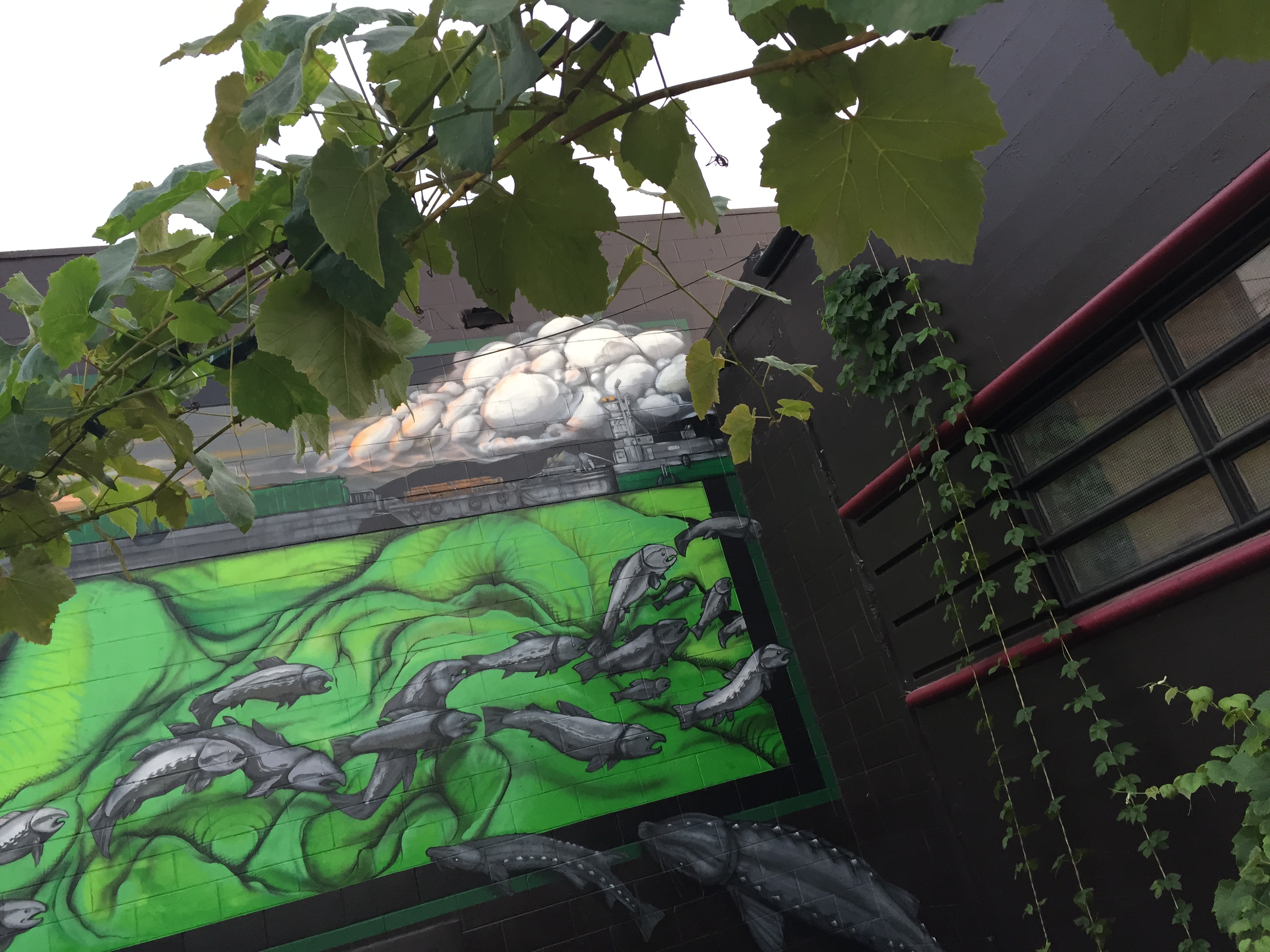 Mural on Cellar 55's outdoor patio with foliage